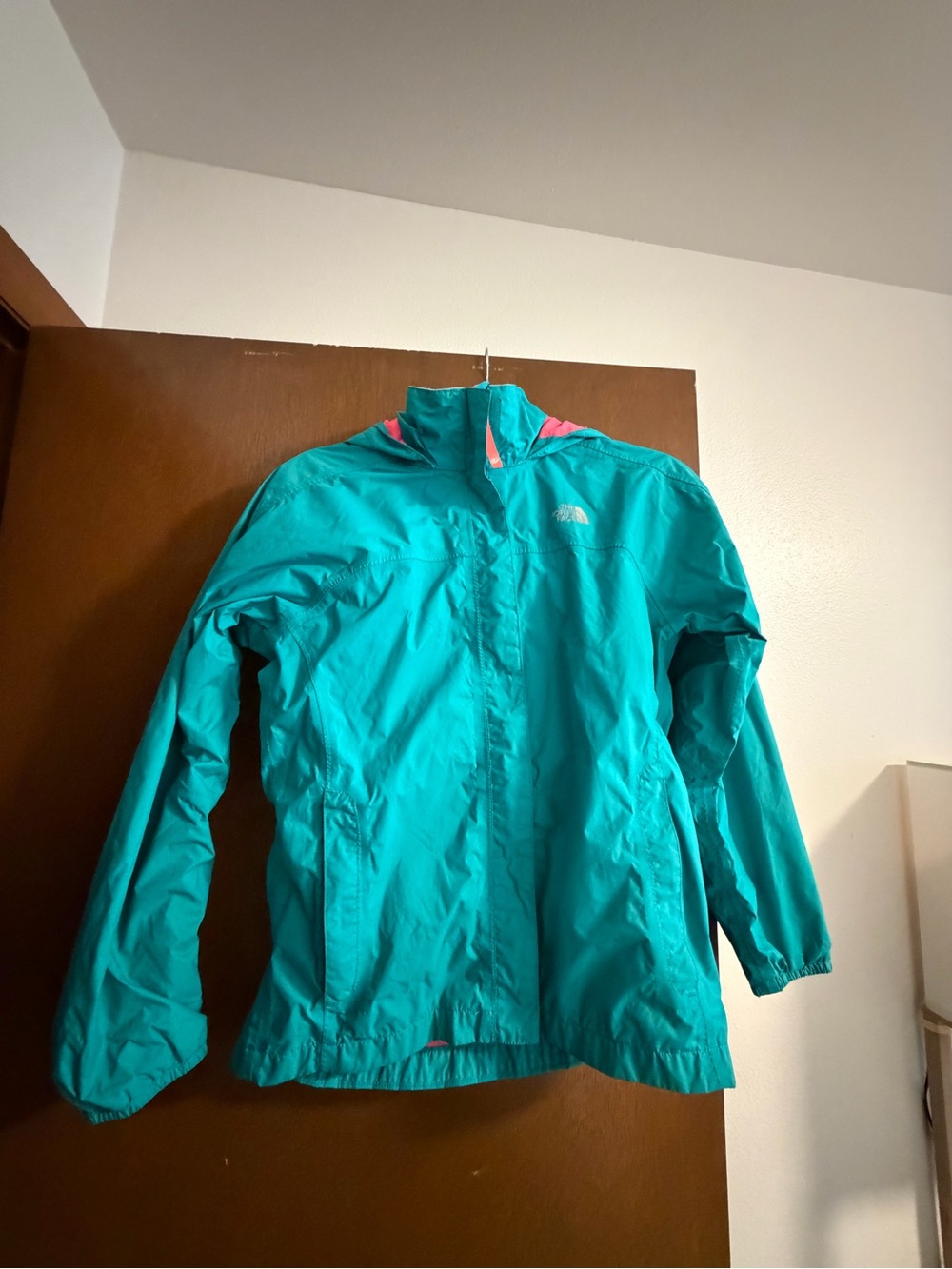 The North Face Turquoise Rain Shell with Pink Trim